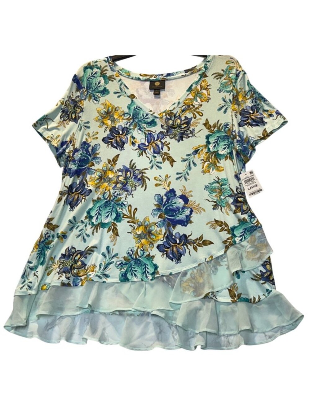 JM Collection Size Large Floral High-Low Top Short Sleeve V-Neck Ruffle Hem Myst